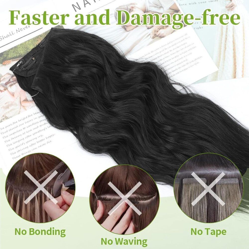 Invisible Wire Hair Extensions Black Long Wavy 20 Inch Clip-In Women - Picture 4 of 8